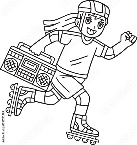 Female Inline Skater with Radio Isolated Coloring 
