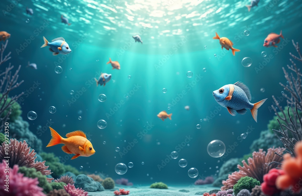 Obraz premium Colorful fish swim in clear ocean water. Beautiful coral reefs create underwater landscape. Bubbles float around colorful aquatic life. 3D illustration ocean eco system, beauty of marine life.