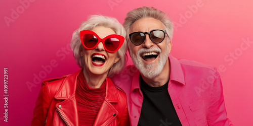 Happy smiling senior wearing sunglasses, pink solid colorful background, image with space for text / Femme âgée souriante et heureuse avec lunettes de soleil, fond orange, espace pour le texte