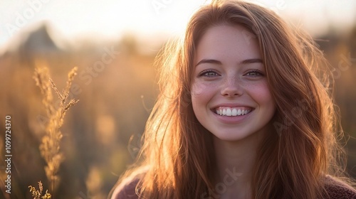 Joyful Young Woman with Bright Smile in Soft Evening Light