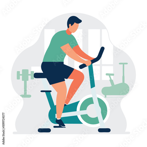 Man training on stationary bike in gym. Flat style vector illustration.
