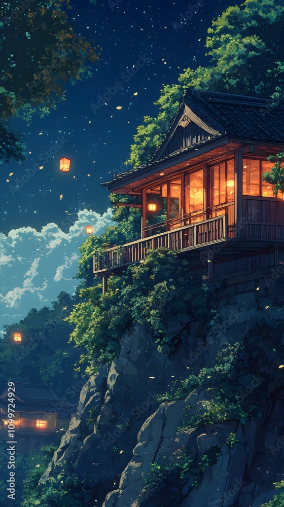 Obraz premium Serene wooden house illuminated at night, nestled among lush greenery.
