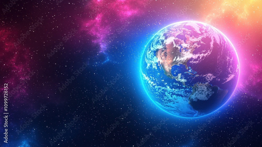 Fototapeta premium Vivid View of Earth in Space Surrounded by Cosmic Colors and Stars, Illustrating the Beauty of the Universe and Planetary Wonders in High-Resolution Imagery