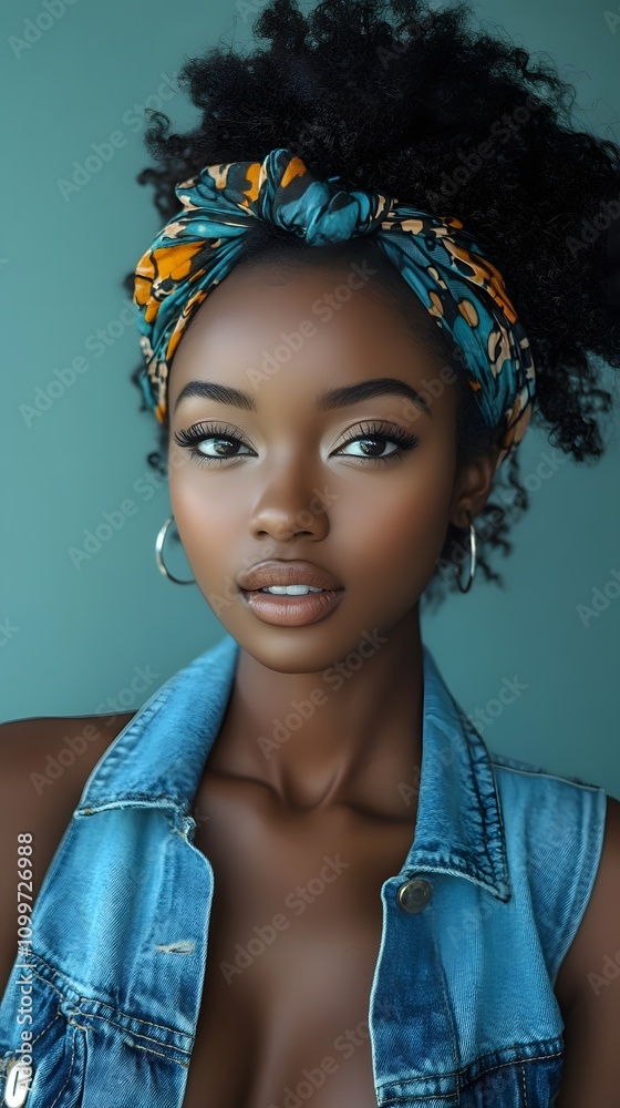 Fototapeta premium Confident young Black woman with curly hair and stylish headband.