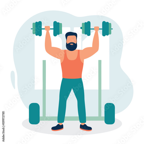 Man with a beard doing exercises with dumbbells. Flat style vector illustration.