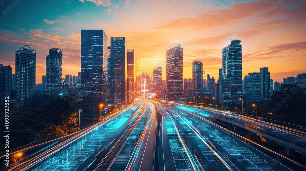 Fototapeta premium Vibrant cityscape at sunset with glowing highway.