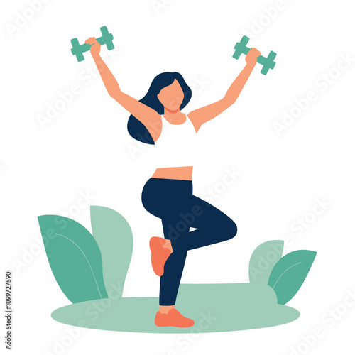 Woman doing fitness exercises with dumbbells. Flat vector illustration.