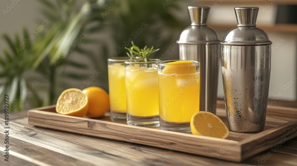 Fototapeta premium Orange lemonade in a decanter on a wooden tray alongside a cocktail shaker perfect for crafting refreshing summer drinks and accommodating your subject and text