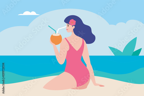 A woman with blue hair in a pink swimsuit sits on a beach with a coconut drink. The tranquil scene features ocean waves and cloudy sky.