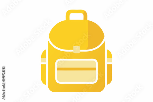 Flat yellow backpack illustration with front pocket, zippered opening, padded straps, and handle on white background in minimalistic design.