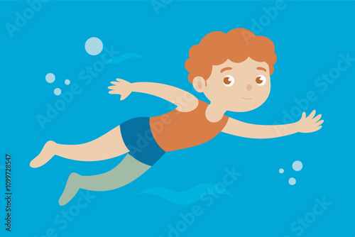 Red-haired boy in orange shirt and blue shorts swims energetically underwater in a blue pool, arms and legs spread out, surrounded by bubbles.