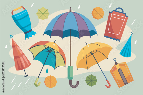 An array of colorful umbrellas, both open and closed, are scattered across a light green background, evoking a rainy atmosphere with droplet effects.