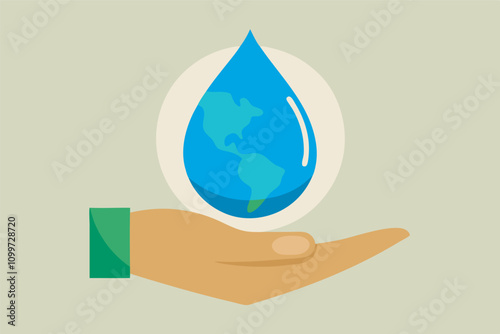 Image of a hand with a green sleeve holding a water droplet showing Earth within. Symbolizes environmental conservation and importance of water for life on our planet.