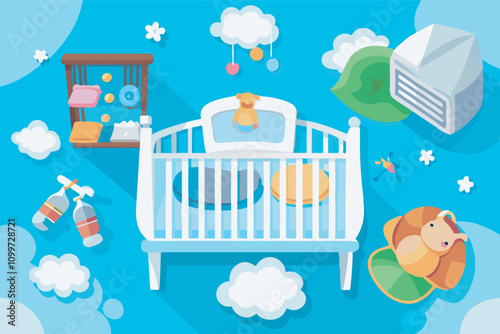 A baby's room with blue cloud-patterned walls, a white crib, and toys creates a comforting and stimulating environment for the child.