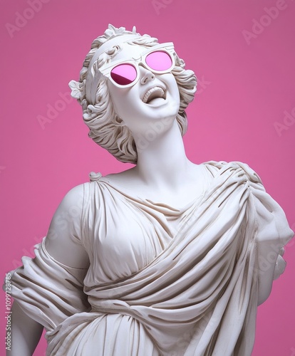 greek woman plaster statue laughs, wears sunglasses