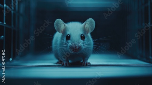 Small white laboratory mouse with dark eyes in a metal lab setting gazes at the camera Themes of awareness healthcare and medical development are depicted highlighting the issue of animal testing