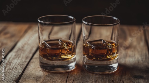 Two whiskey glasses placed on a wooden surface photo