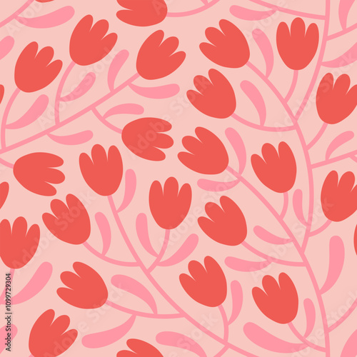 Folk floral tulip seamless pattern. Traditional slavic scandinavian ornament with rustic embroidery motifs. Clean flat minimal geometric shapes in unique reflected elegant print.