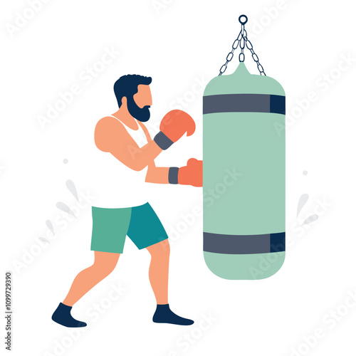 Boxer man punching punching bag. Boxer in boxing gloves. Flat vector illustration.