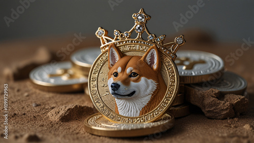 3D illustration of a regal Shiba Inu crowned as a crypto king, surrounded by Bitcoin coins and meme currencies like DOGE, Shiba Inu, and Dogelon, symbolizing meme coin success, ideal for stock imagery