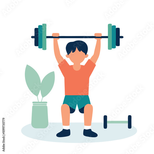 Boy doing exercises with dumbbells. Flat style vector illustration.