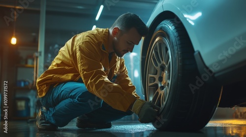 Mechanic Inspecting Car Tire In Garage photo