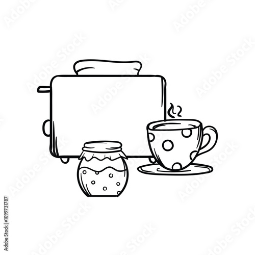 Simple vector coloring book of a toaster, a cup of hot tea and a jar of jam. Hand drawn image of kitchen utensils, cafe, restaurant, cooking. Set of elements and icons for design and decoration