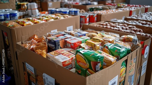 Community food drive boxes filled with various groceries in a large indoor space