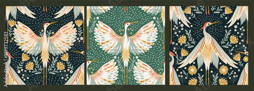 Set of seamless vector magic patterns with crane birds, magic wings art deco animals bird detailed background