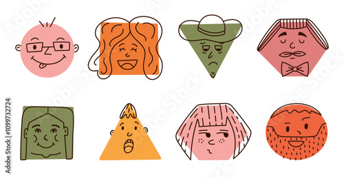 Cute cartoon set of comic faces with joyful and frustrated emotions in geometric shapes. Hand drawn crayon caricature emoticons with line expressions in circle, triangle, rectangle isolated on white.