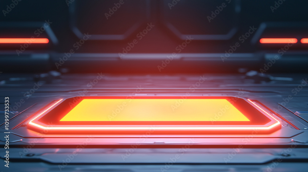 Obraz premium Futuristic device with glowing orange panel in sci fi environment