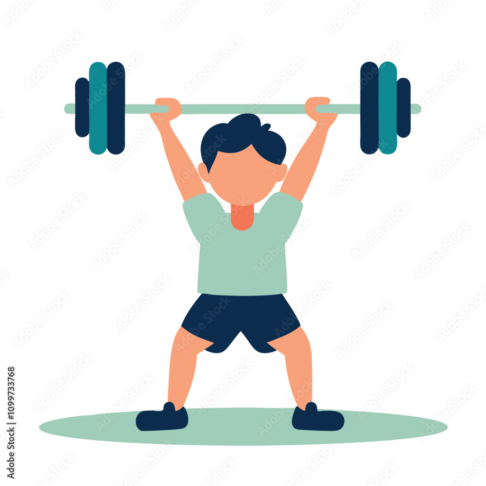Fototapeta premium Boy doing exercises with barbell. Flat style vector illustration isolated on white background.