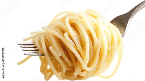 Close-up of a twisted fork elegantly holding a mound of perfectly cooked spaghetti noodles against a clean white background.