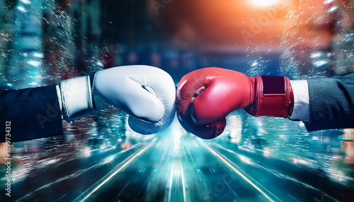 Business Battle:  A dramatic close-up of two boxing gloves poised for impact, symbolizing fierce competition and the fight for market dominance.
