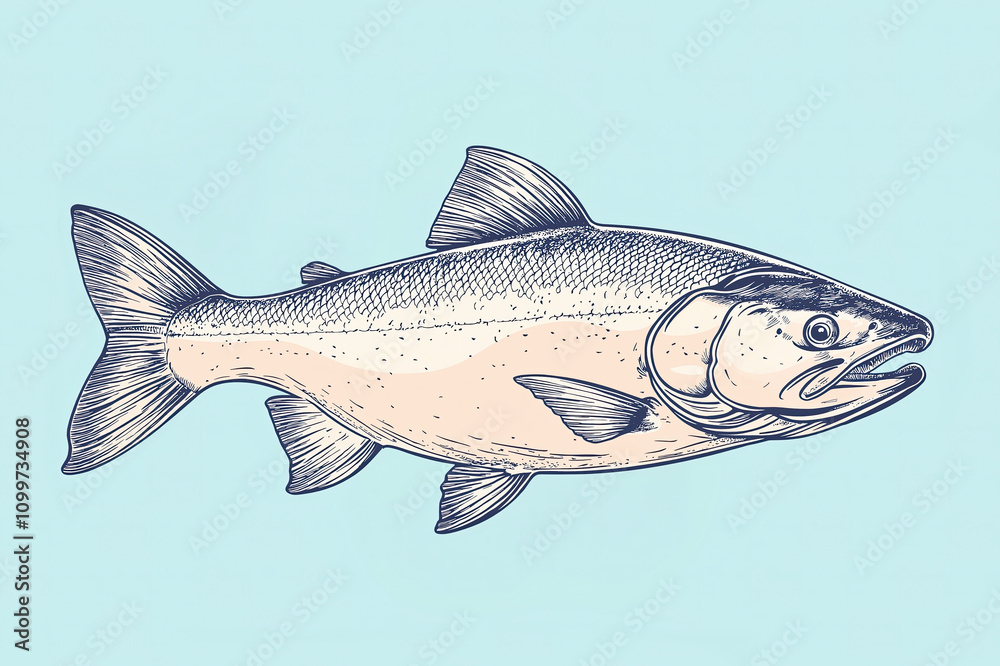 Obraz premium Fish sketch salmon trout. Vintage retro print, black white salmon trout fish sketch ink pencil style drawing, linear drawing, engrave old school. Sketch artwork salmon trout fish. Illustration