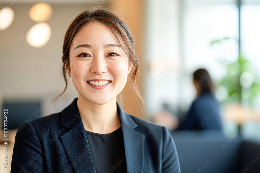 Fototapeta premium Confident businesswoman smiling in modern office setting inspires professional success