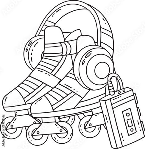 Roller Skates and Headphones Isolated Coloring 