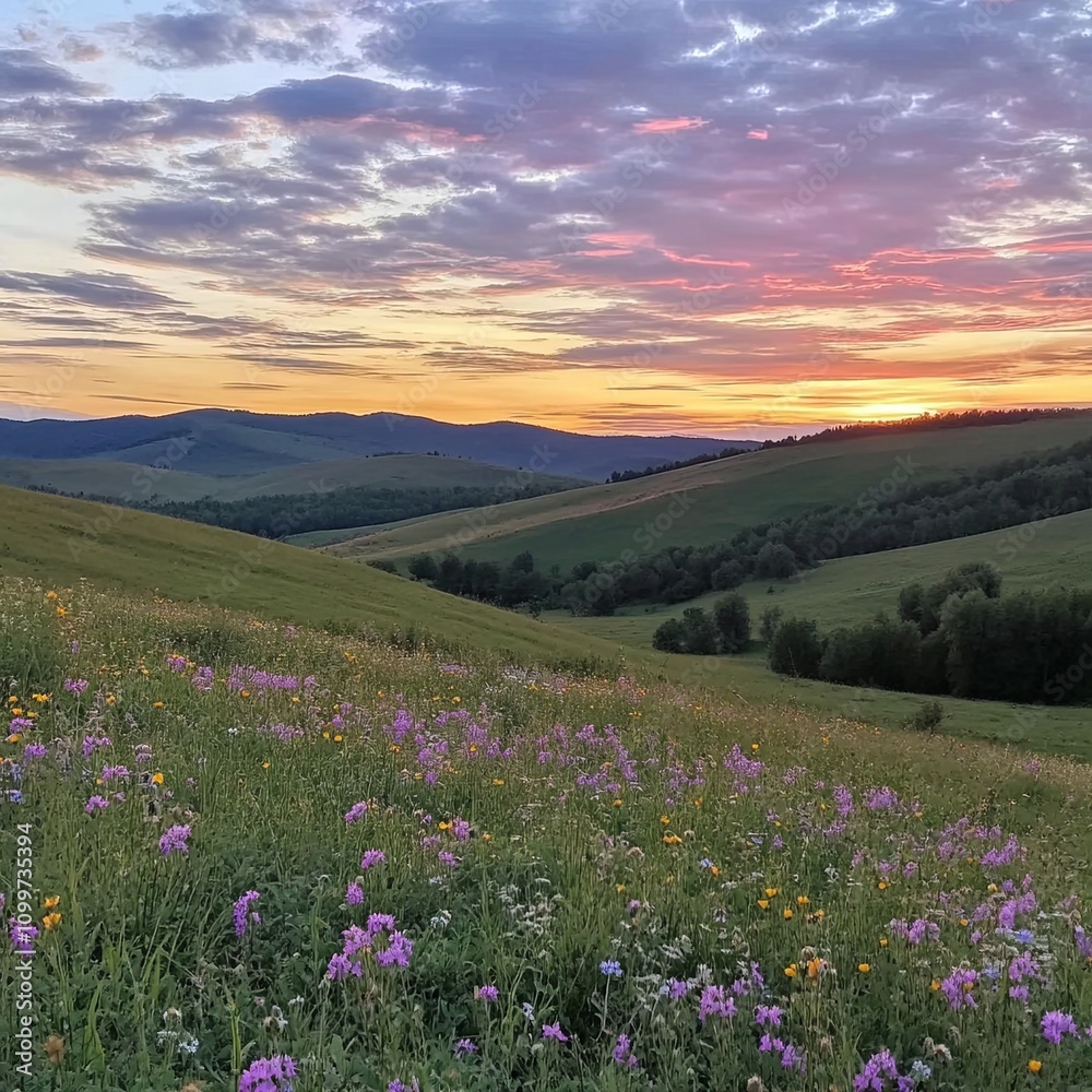Obraz premium Serene mountain meadow adorned with blooming wildflowers, a clear blue stream meandering through, and majestic snow-capped peaks rising in the background