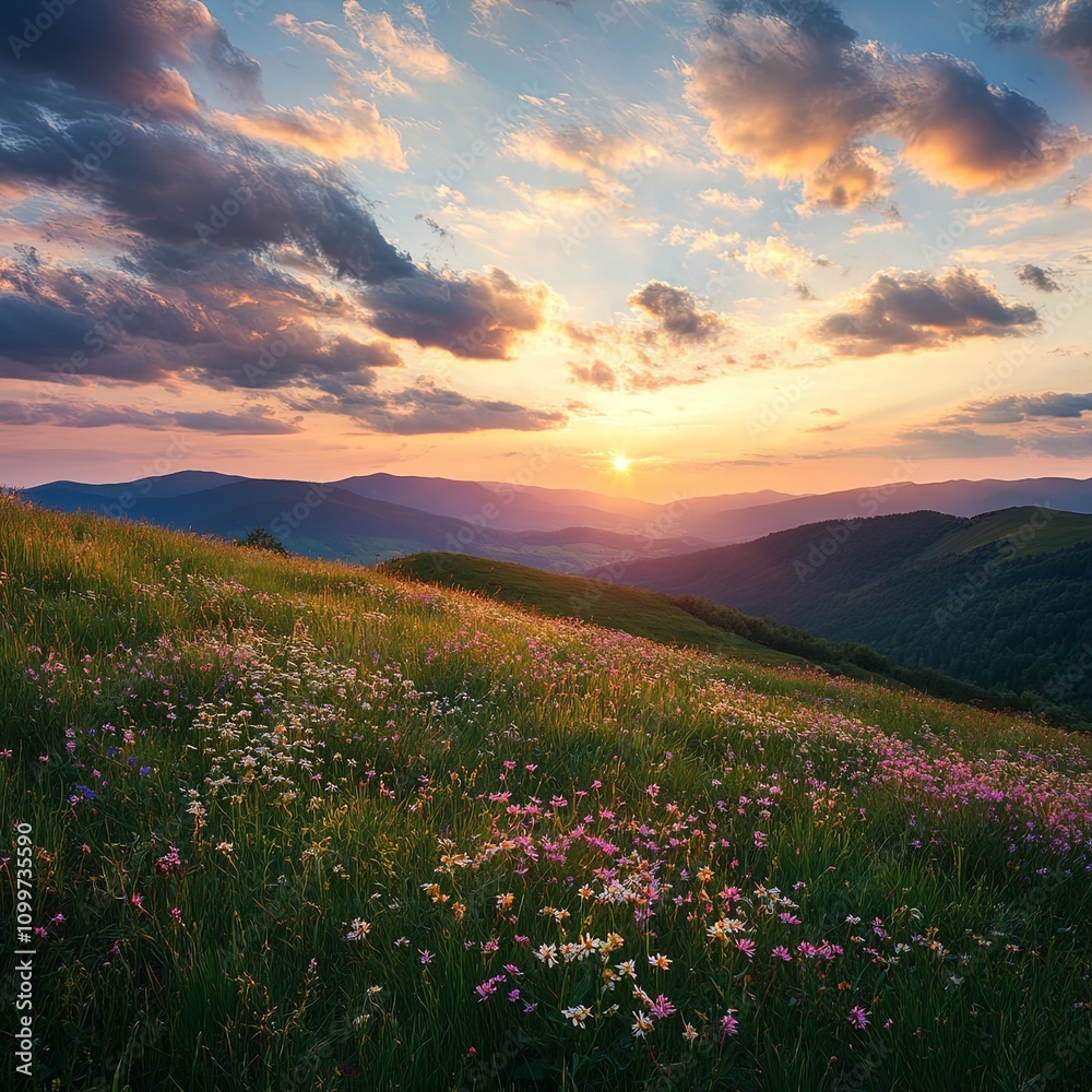 Obraz premium Serene mountain meadow adorned with blooming wildflowers, a clear blue stream meandering through, and majestic snow-capped peaks rising in the background