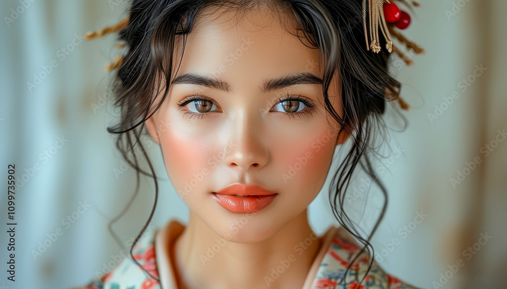 Fototapeta premium Portrait of a young beautiful geisha in a traditional kimono, Japanese culture