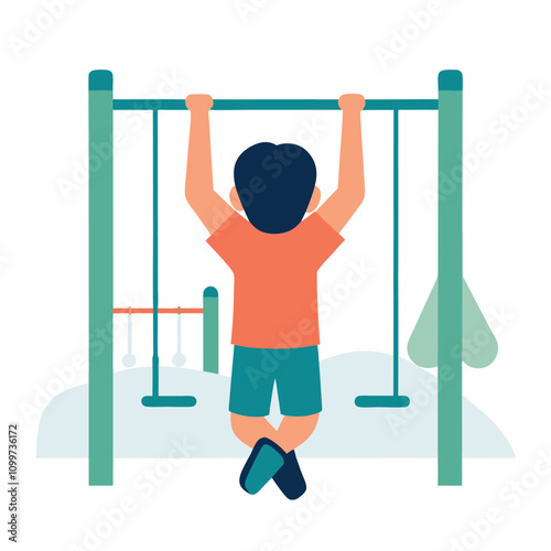 Little boy doing pull-ups on the playground. Flat style vector illustration.