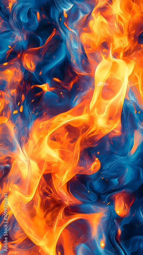 Fototapeta premium Abstract orange and blue background with flames, vector illustration, bold shapes, digital art techniques
