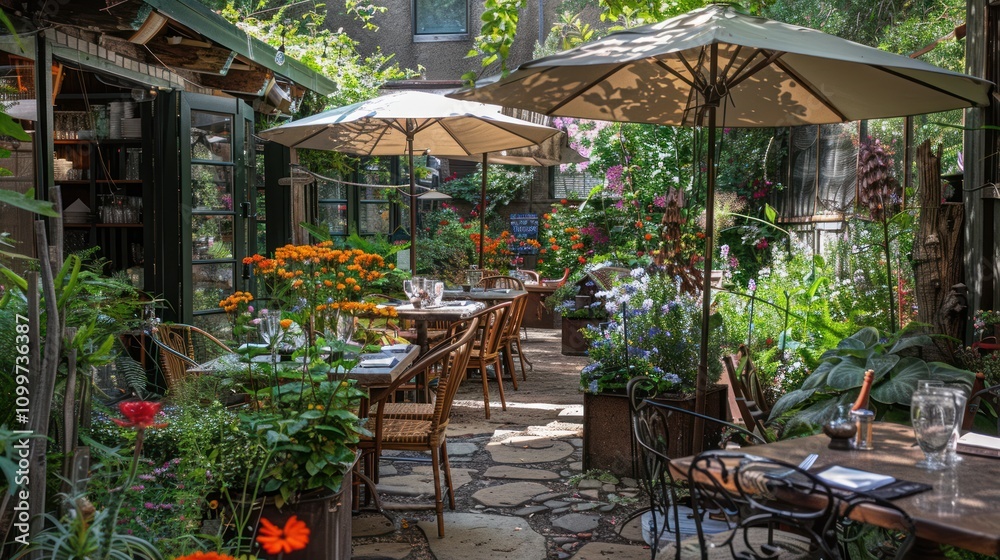 Obraz premium A charming outdoor garden café with wooden tables, colorful flowers, stone paths, and large umbrellas providing shade, creating a serene and inviting dining atmosphere surrounded by lush greenery.