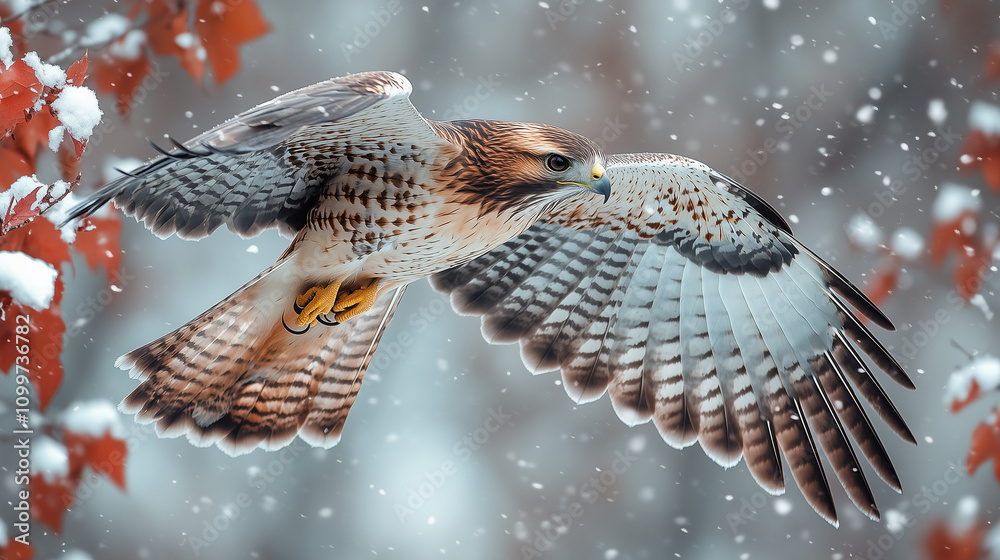 Fototapeta premium Hawk in flight through snowy forest scene