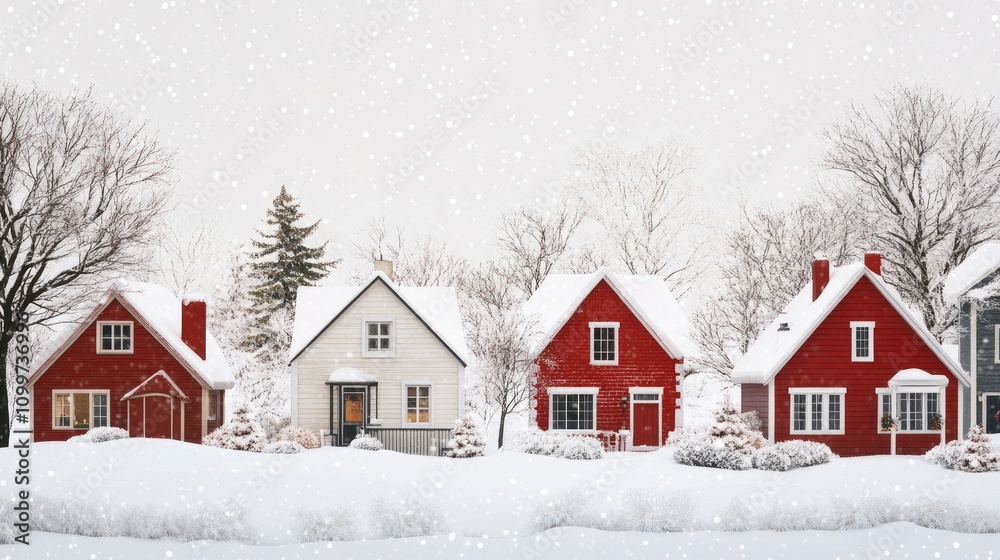 Fototapeta premium Charming winter scene with red and white houses blanketed in snow, surrounded by snow-covered trees and a serene atmosphere