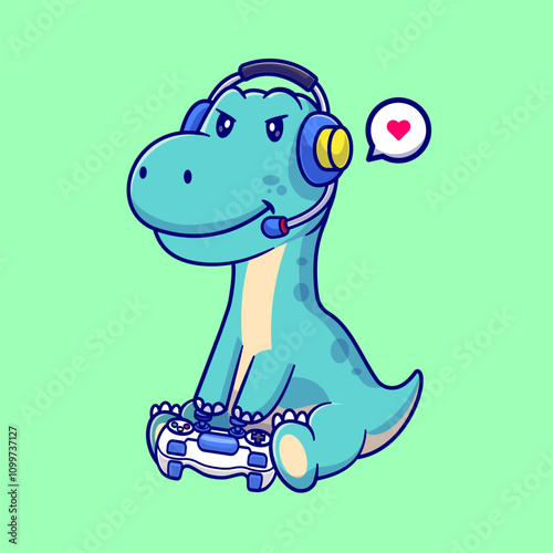 Cute Dinosaur Playing Game With Controller And Headphone 
Cartoon Vector Icon Illustration. Animal Technology Icon 
Concept Isolated Premium Vector. Flat Cartoon Style 