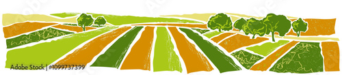 Green grass field on small hills. Meadow, alkali, lye, grassland, pommel, lea, pasturage, farm. Rural scenery landscape panorama of countryside pastures. Vector sketch illustration