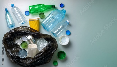 Recyclable Waste: A collection of recyclable items, including plastic bottles, aluminum cans, and paper cups, all ready for disposal and recycling. photo