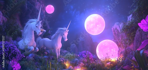 Two majestic unicorns stand in a magical forest under a mystical pink moon.  Fantasy art, enchanting scene.