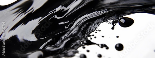 Black ink drop on a white background, with splashes and water droplets. Black oil or liquid pouring down, a macro shot.
